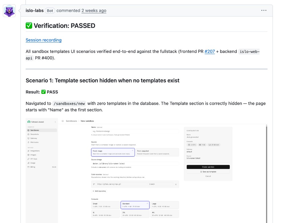 A real verification report posted on a GitHub PR, showing pass/fail scenarios with screenshots of the UI at each step